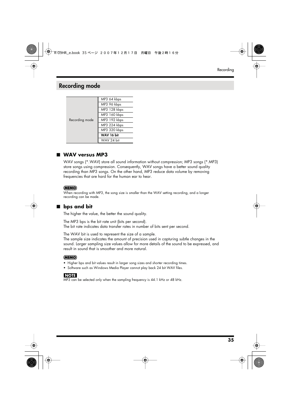 Recording mode | Edirol R-09HR User Manual | Page 35 / 124