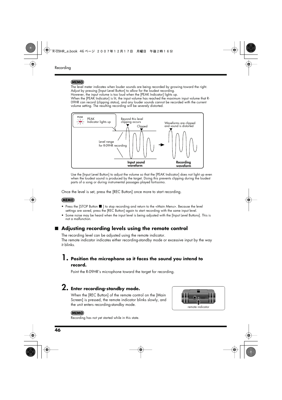 Adjusting recording levels using the, Remote control” (p. 46) | Edirol R-09HR User Manual | Page 46 / 124