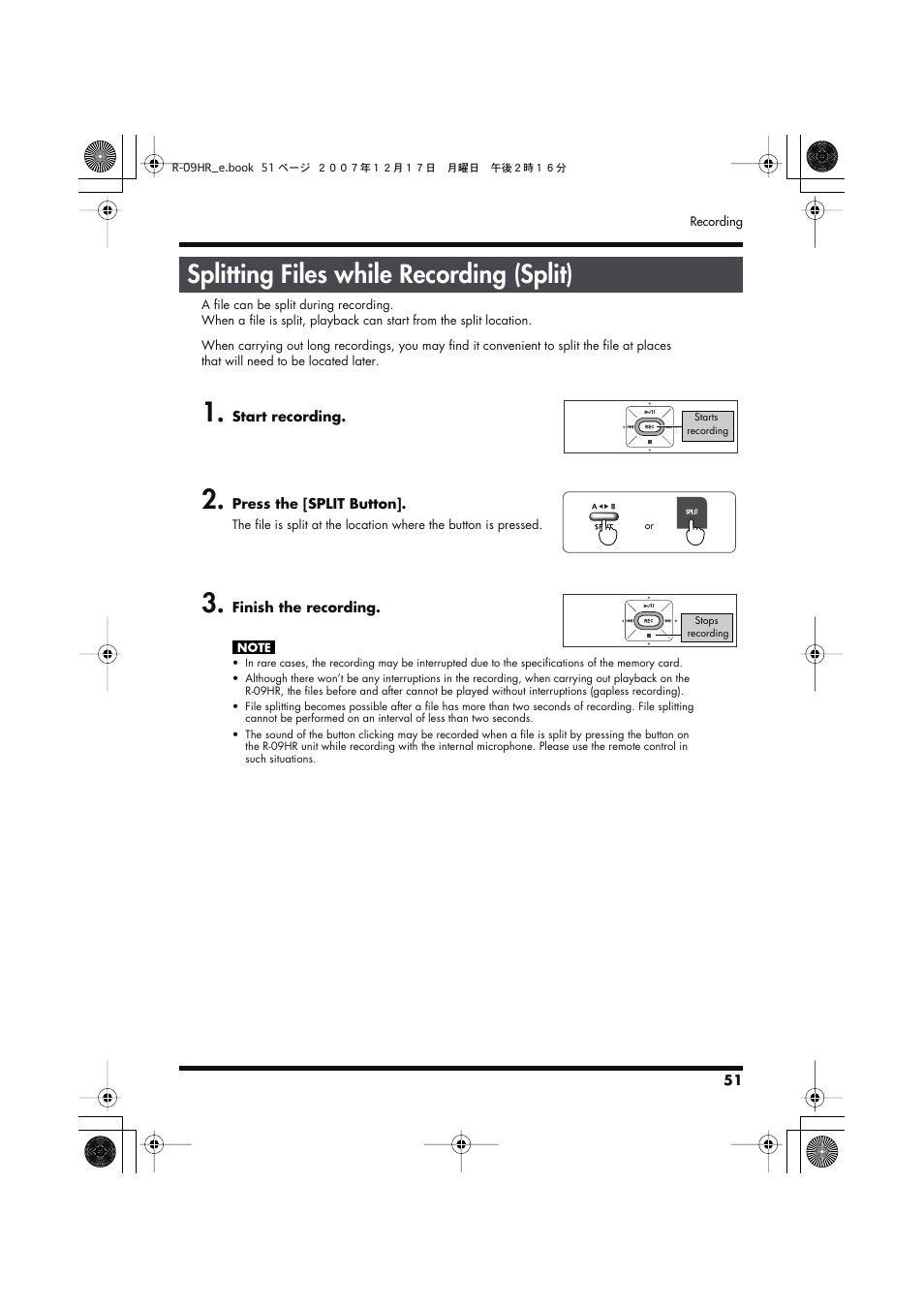 Splitting files while recording (split), Splitting files while recording (split)” (p. 51) | Edirol R-09HR User Manual | Page 51 / 124