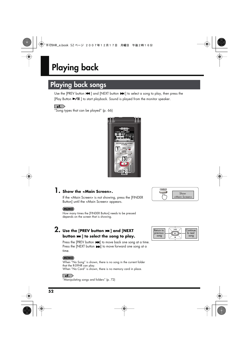 Playing back, Playing back songs, Playing back” (p. 52) | Edirol R-09HR User Manual | Page 52 / 124