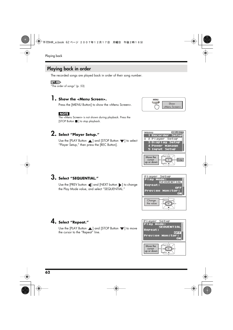 Playing back in order | Edirol R-09HR User Manual | Page 62 / 124