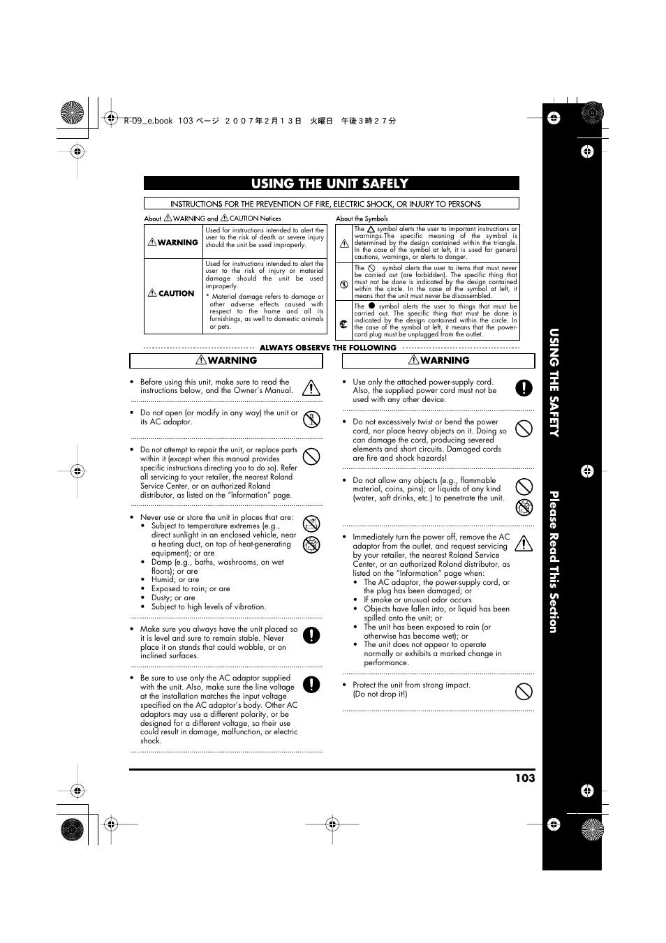 Using the unit safely, Entitled: “using the unit safely” (p. 103) and | Edirol R-09 User Manual | Page 103 / 108