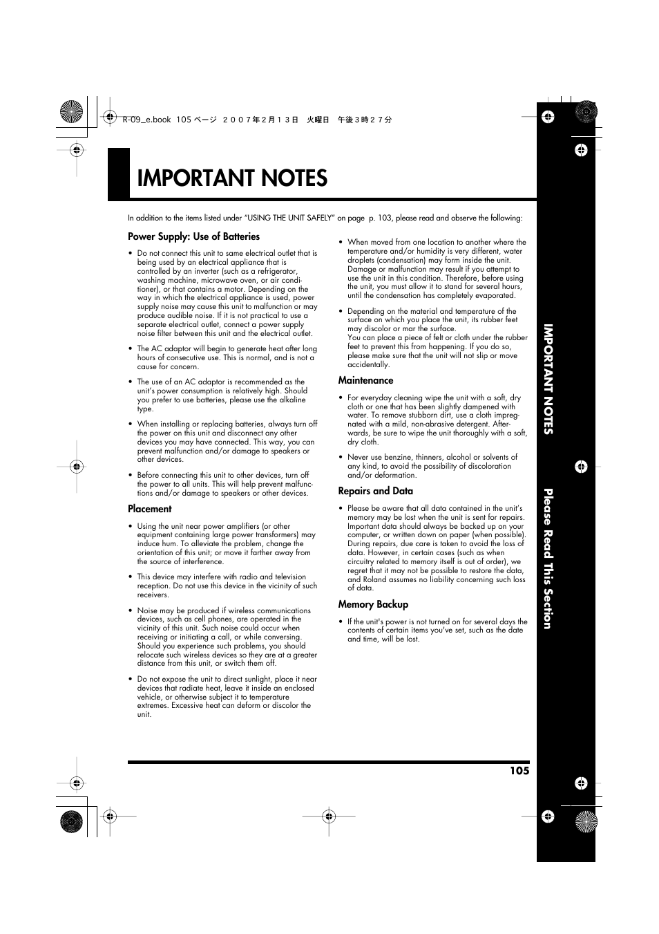 Important notes, Important notes” (p. 105). these sections | Edirol R-09 User Manual | Page 105 / 108