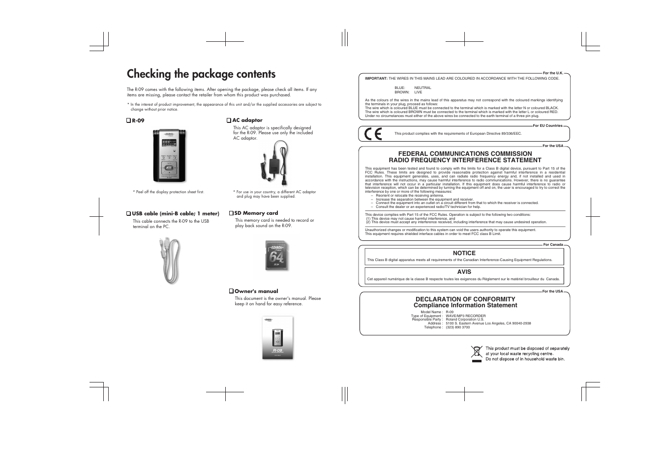 Checking the package contents, Notice avis | Edirol R-09 User Manual | Page 107 / 108