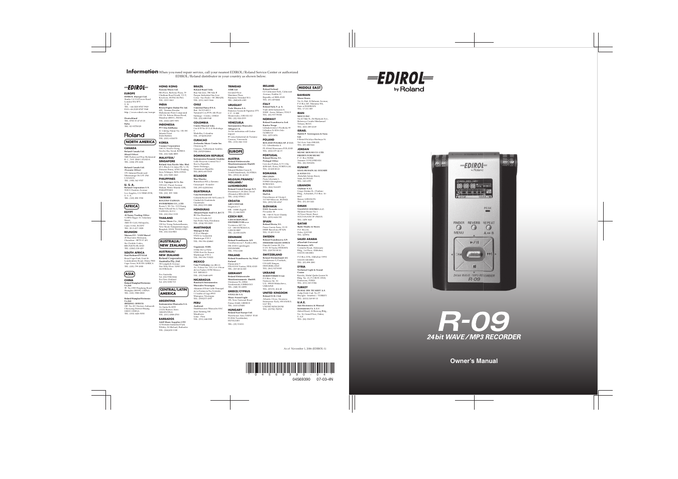 Owner’s manual, Information | Edirol R-09 User Manual | Page 108 / 108