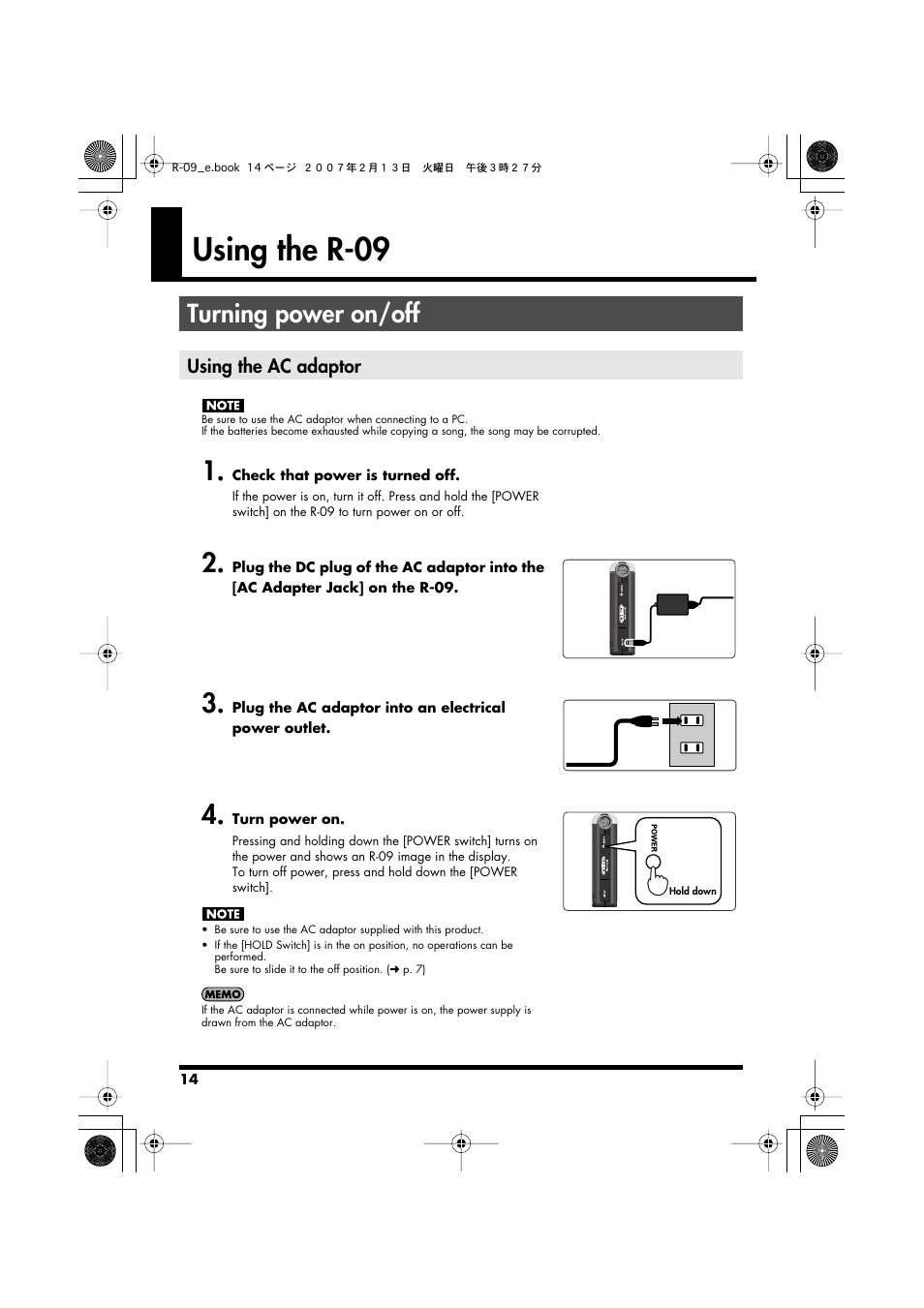 Using the r-09, Turning power on/off, Turning power on/off” (p. 14) | Using the ac adaptor” (p. 14) | Edirol R-09 User Manual | Page 14 / 108