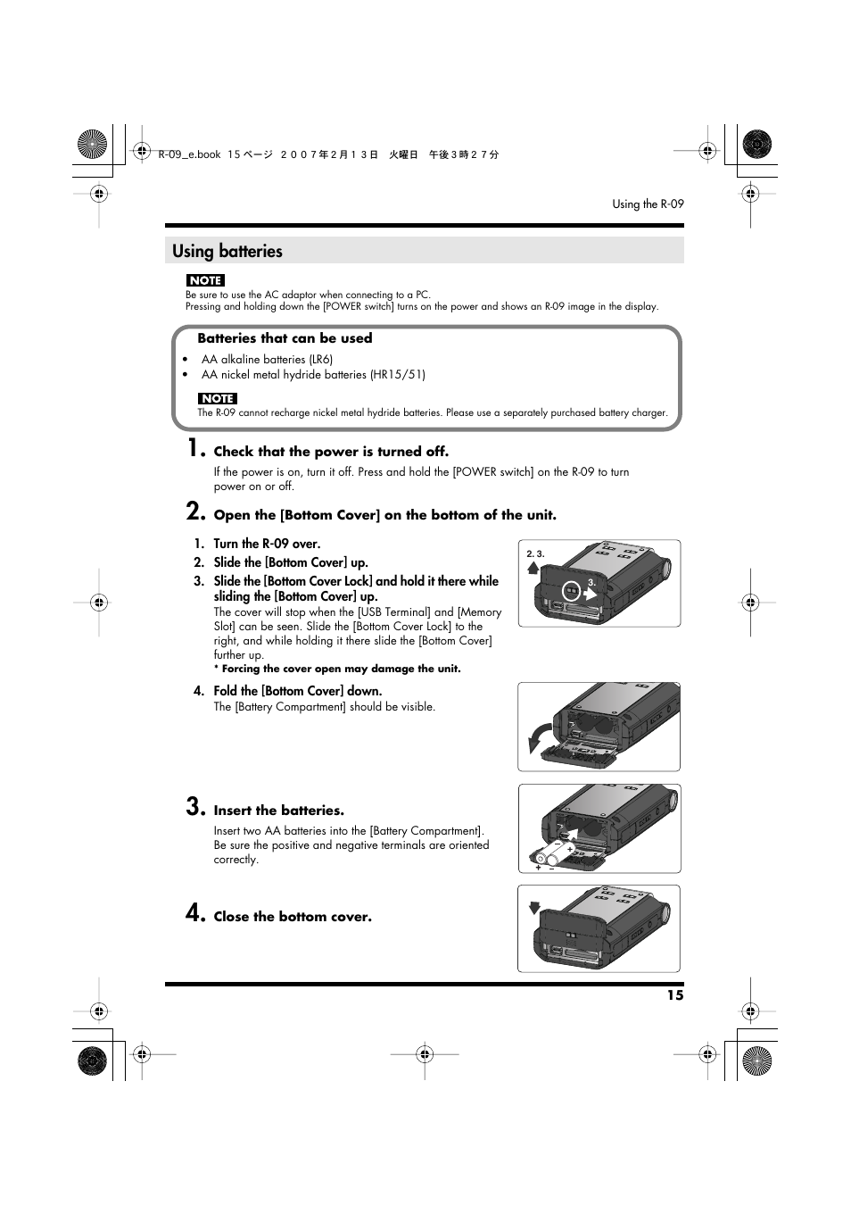 Using batteries” (p. 15), Procedure in “using batteries” (p. 15), Using batteries | Edirol R-09 User Manual | Page 15 / 108
