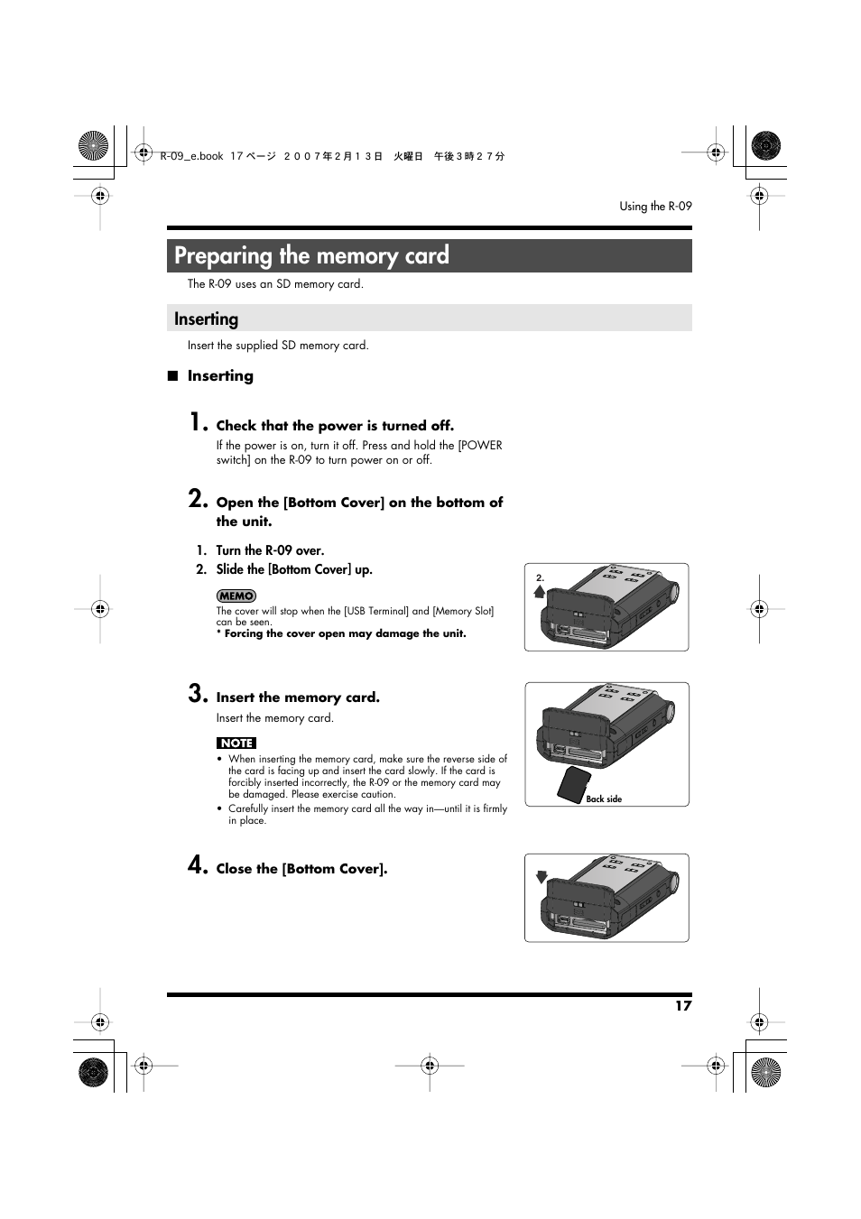 Preparing the memory card, Preparing the memory card” (p. 17), Inserting | Edirol R-09 User Manual | Page 17 / 108