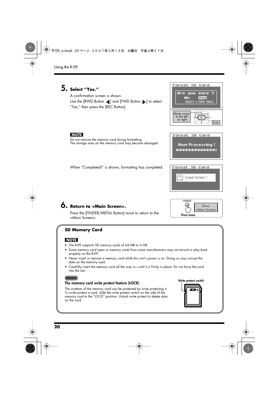 Sd memory card” (p. 20) | Edirol R-09 User Manual | Page 20 / 108