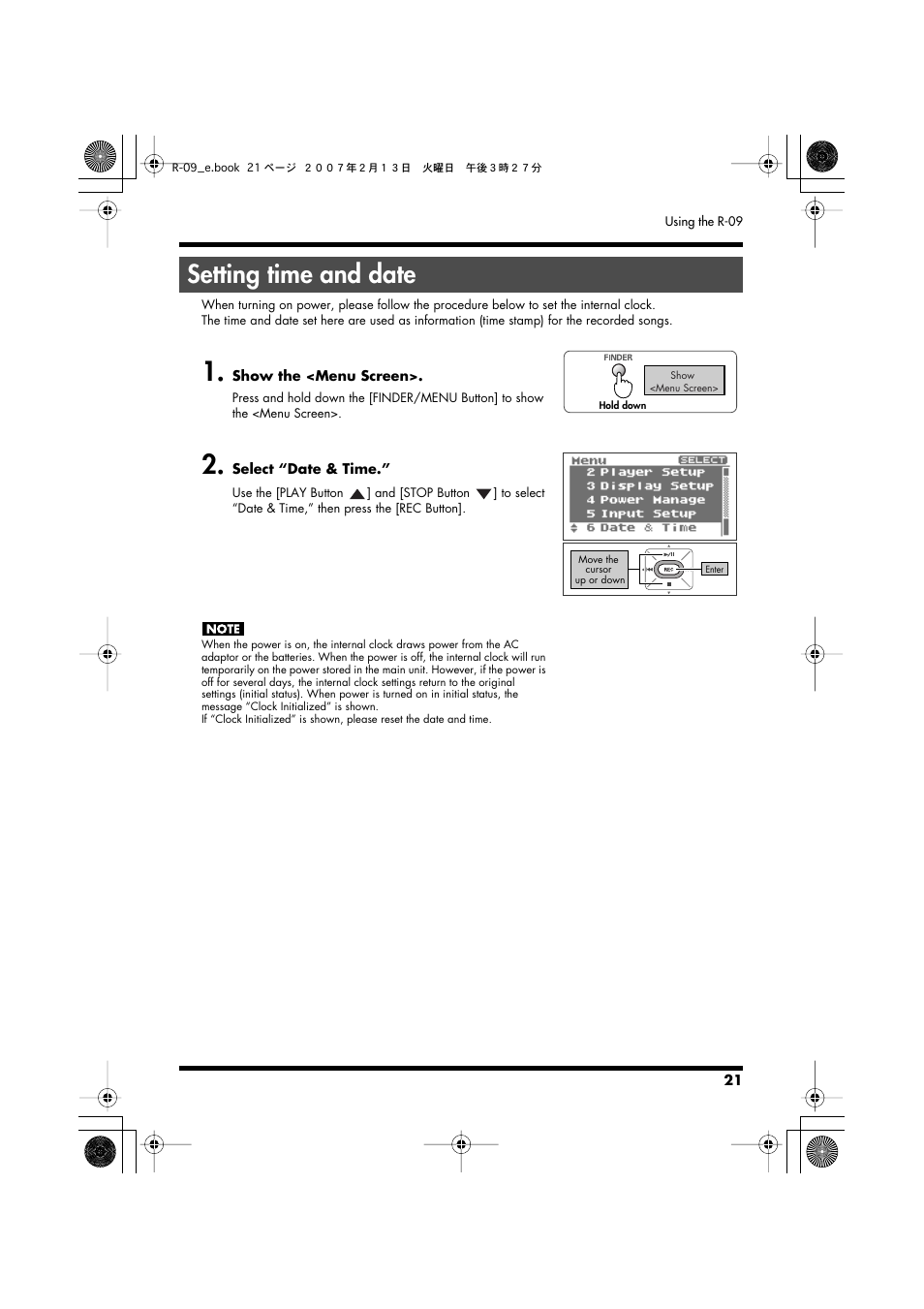 Setting time and date | Edirol R-09 User Manual | Page 21 / 108