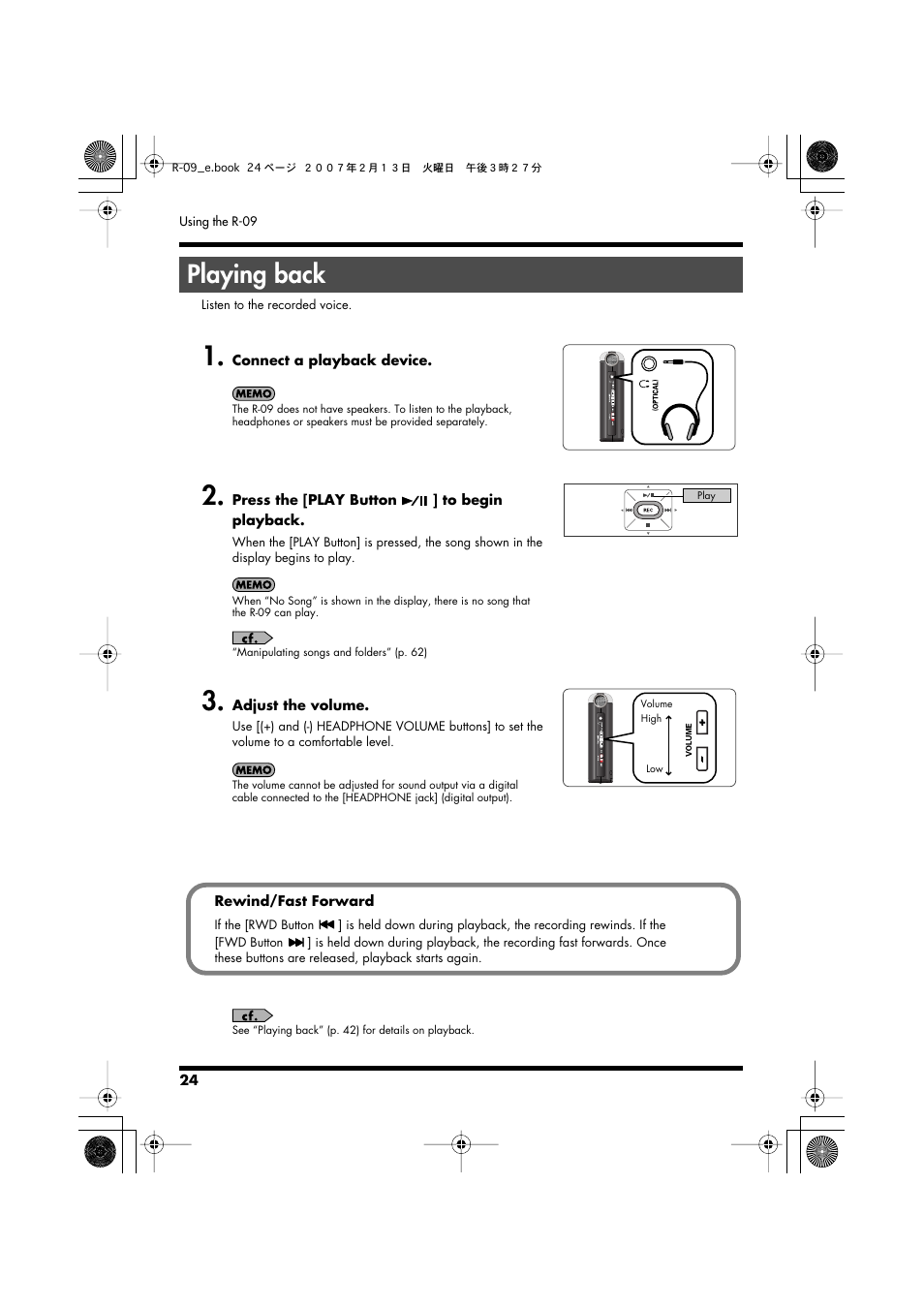 Playing back | Edirol R-09 User Manual | Page 24 / 108