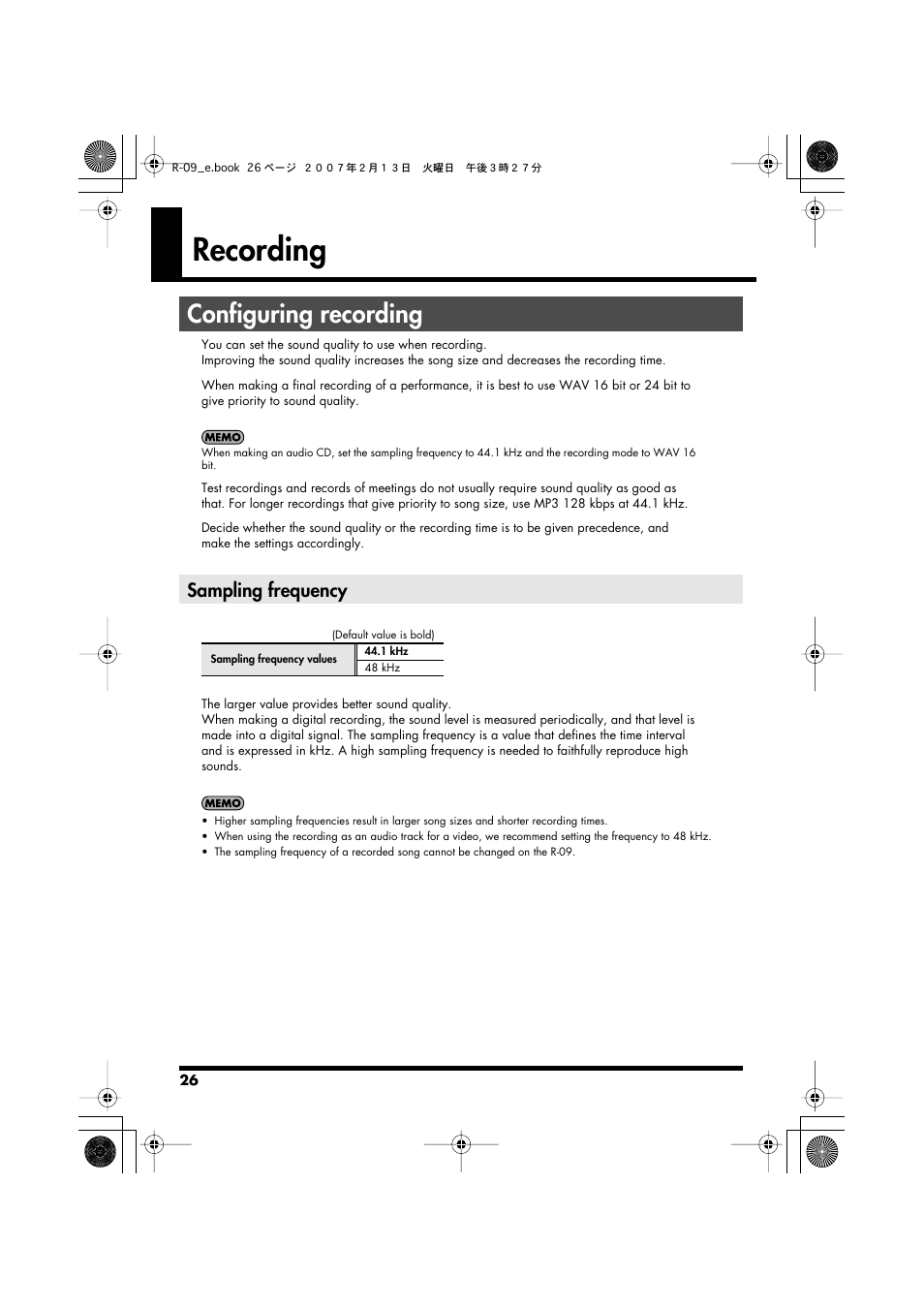 Recording, Configuring recording, Sampling frequency | Edirol R-09 User Manual | Page 26 / 108