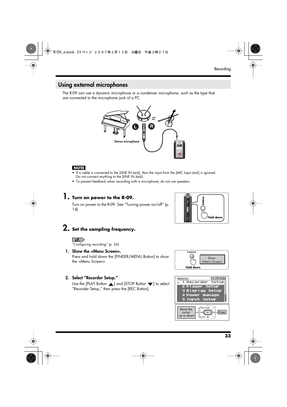 Using external microphones, Using external microphones” (p. 33) | Edirol R-09 User Manual | Page 33 / 108