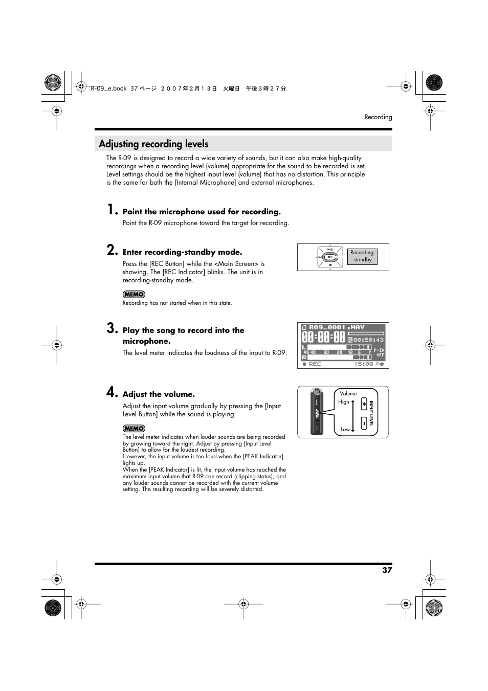 Button, Adjusting recording levels” (p. 37), Adjusting recording levels | Edirol R-09 User Manual | Page 37 / 108