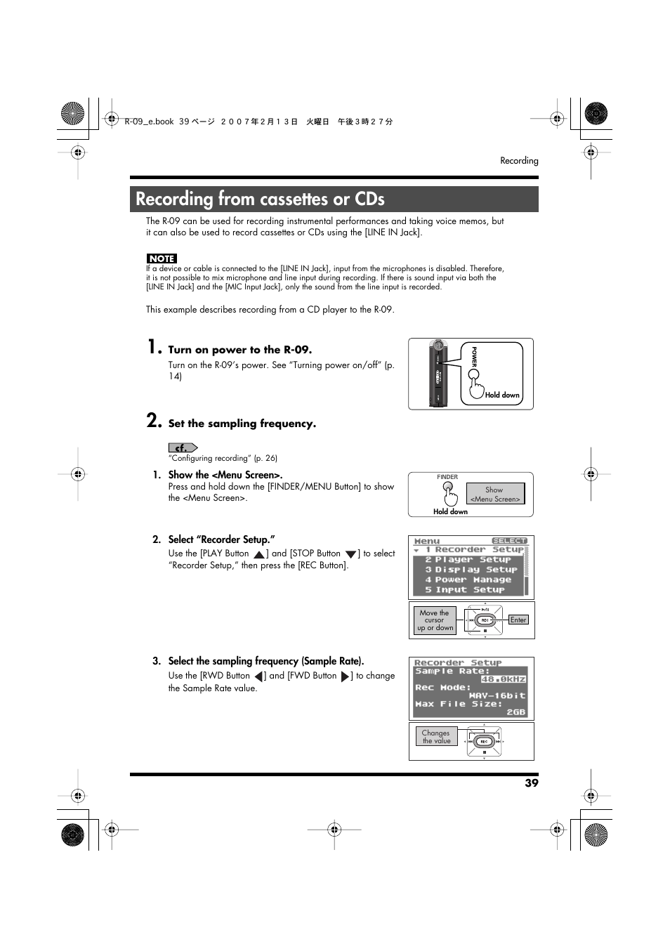 Recording from cassettes or cds, Recording from cassettes or cds” (p. 39) | Edirol R-09 User Manual | Page 39 / 108