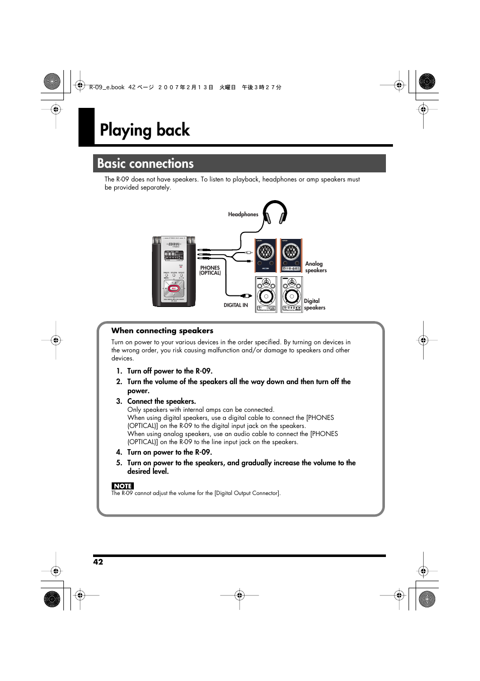 Playing back, Basic connections, Playing back” (p. 42) | Edirol R-09 User Manual | Page 42 / 108