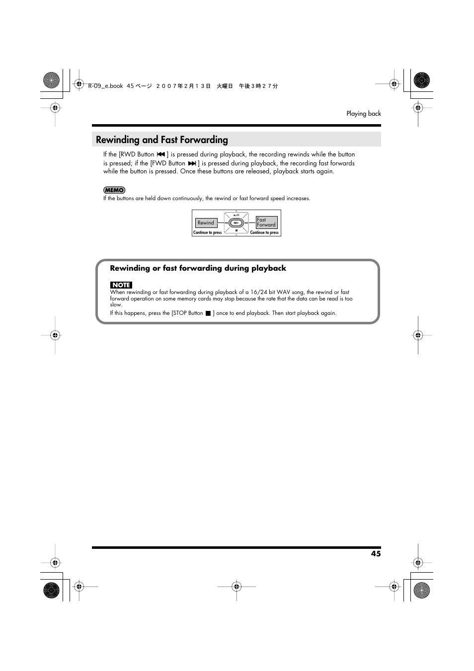 Rewinding and fast forwarding | Edirol R-09 User Manual | Page 45 / 108