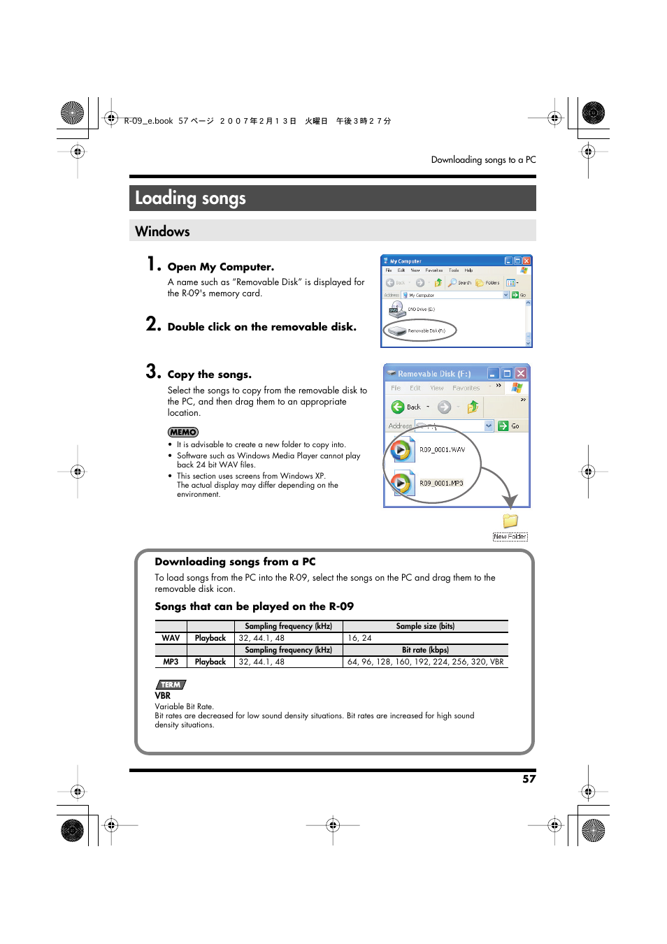 Loading songs, Windows | Edirol R-09 User Manual | Page 57 / 108