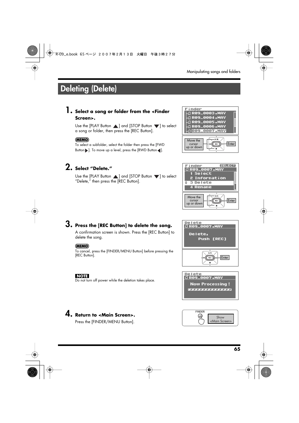 Deleting (delete), P. 65 | Edirol R-09 User Manual | Page 65 / 108