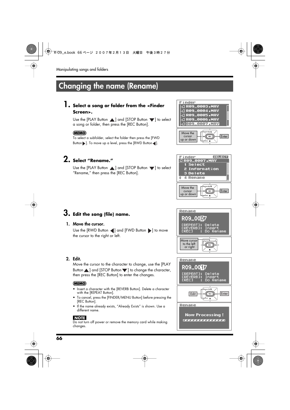 Changing the name (rename), P. 66 | Edirol R-09 User Manual | Page 66 / 108