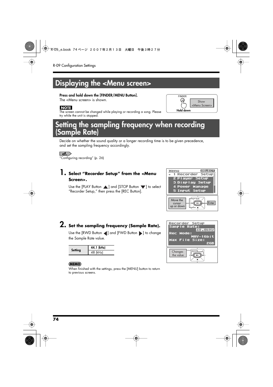 Displaying the <menu screen, Setting the sampling frequency when recording, P. 74 | Edirol R-09 User Manual | Page 74 / 108