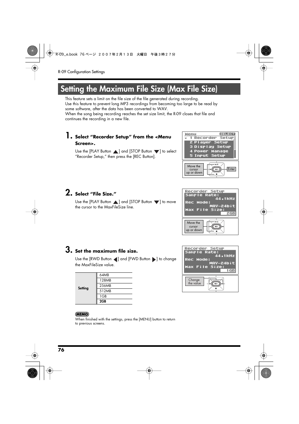 Setting the maximum file size (max file size), Setting the maximum file size, P. 76 | Edirol R-09 User Manual | Page 76 / 108