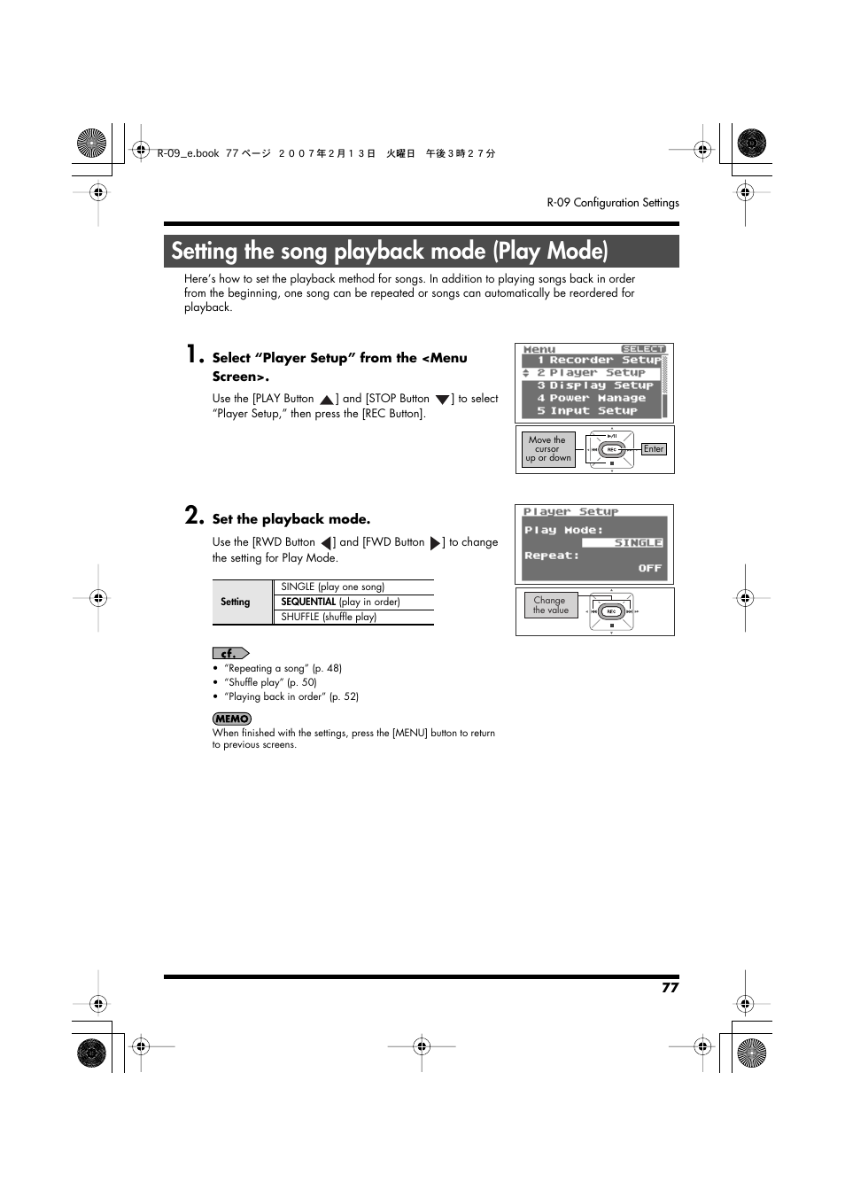 Setting the song playback mode (play mode), Setting the song playback mode, P. 77 | Edirol R-09 User Manual | Page 77 / 108