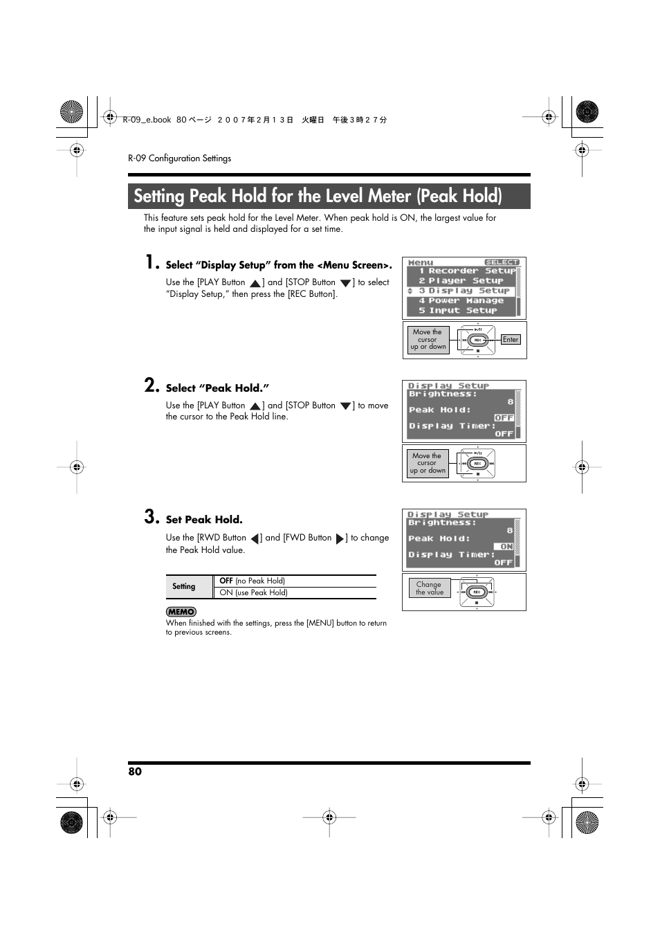 Setting peak hold for the level meter (peak hold), Setting peak hold for the level meter, P. 80 | Edirol R-09 User Manual | Page 80 / 108
