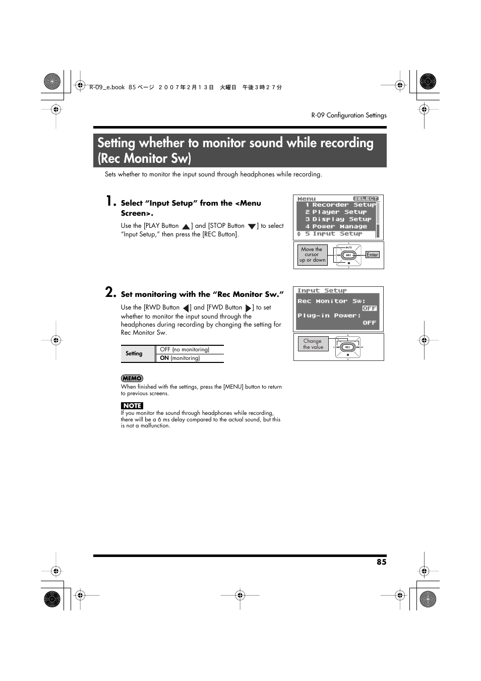 Setting whether to monitor sound while recording, P. 85 | Edirol R-09 User Manual | Page 85 / 108