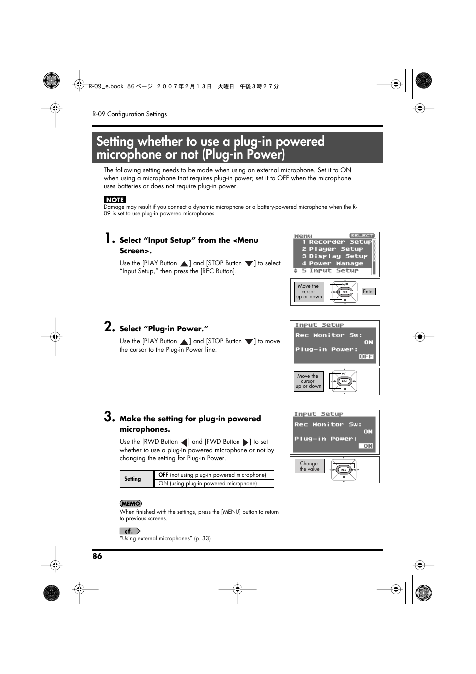 Setting whether to use a plug-in powered, Microphone (p. 86), Plug-in powered microphones only (p. 86) | Powered microphones (p. 86), P. 86 | Edirol R-09 User Manual | Page 86 / 108