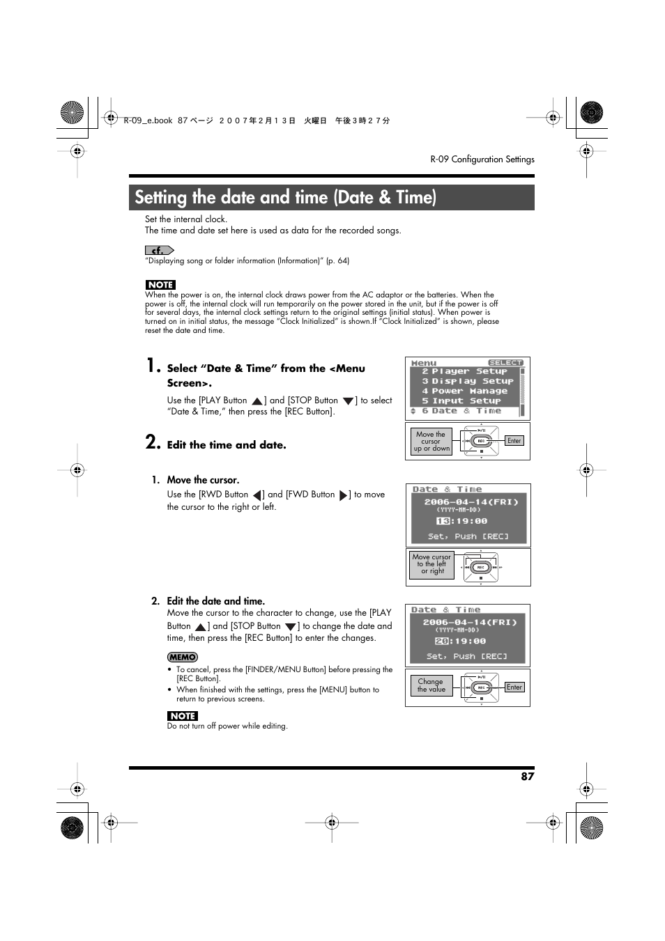 Setting the date and time (date & time), Setting the date and time, P. 87 | Edirol R-09 User Manual | Page 87 / 108