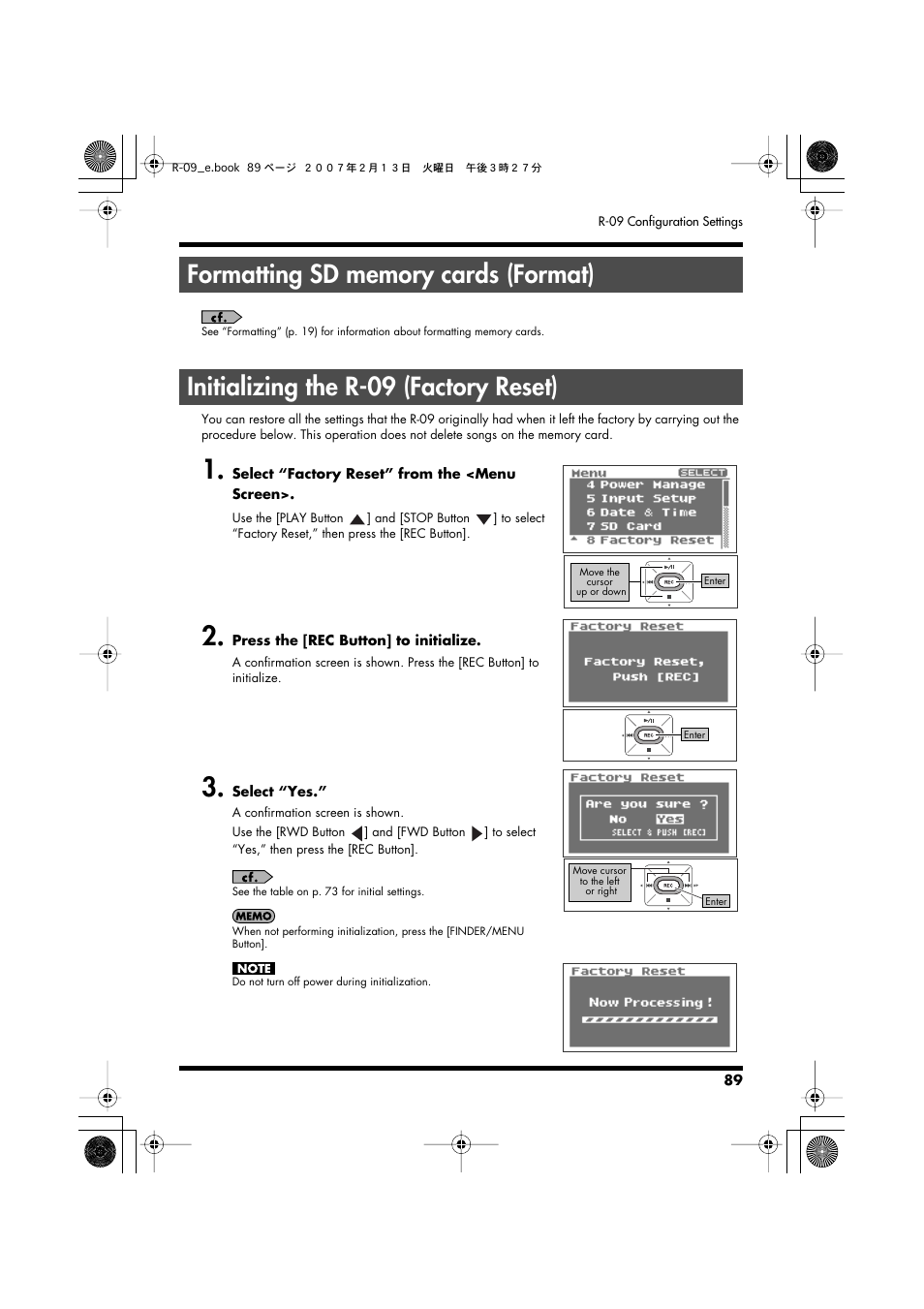 Formatting sd memory cards (format), Initializing the r-09 (factory reset), Formatting sd memory cards initializing the r-09 | P. 89 | Edirol R-09 User Manual | Page 89 / 108