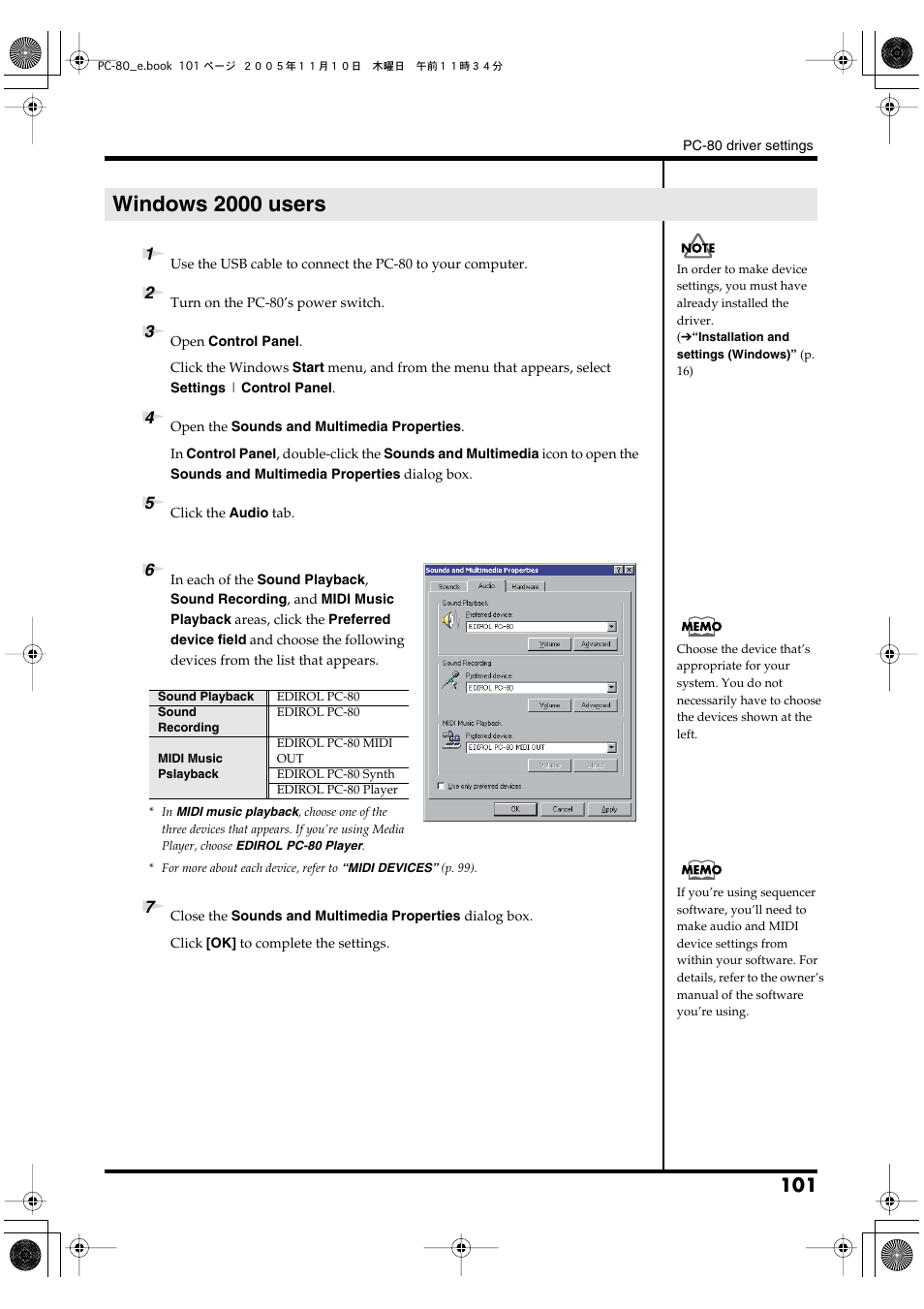 Windows 2000 users | Edirol PC-80 User Manual | Page 101 / 136