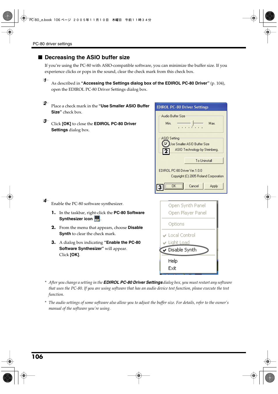 Decreasing the asio buffer size | Edirol PC-80 User Manual | Page 106 / 136