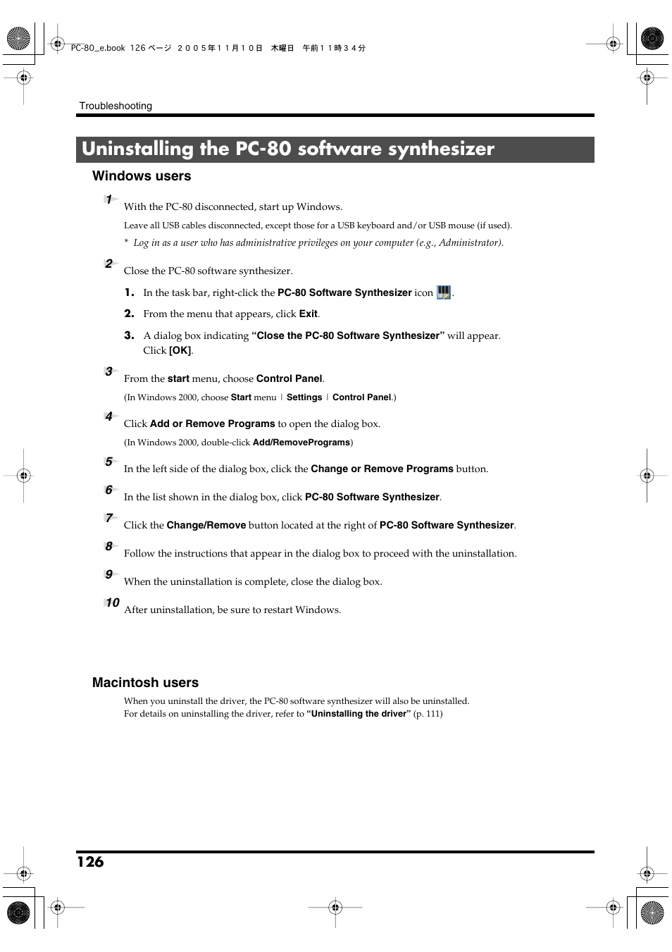 Uninstalling the pc-80 software synthesizer, Windows users, Macintosh users | Edirol PC-80 User Manual | Page 126 / 136