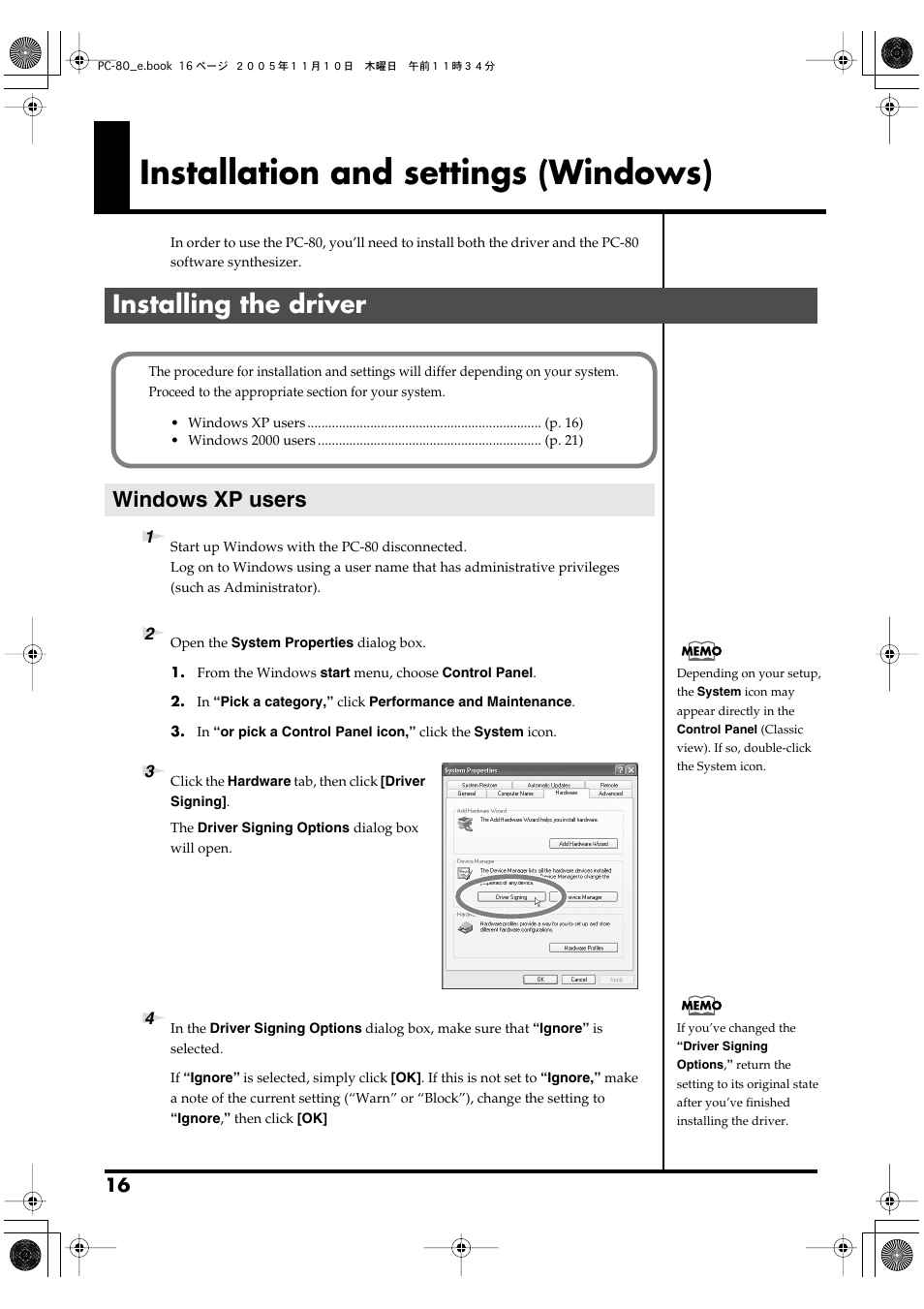 Installation and settings (windows), Installing the driver, Windows xp users | P. 16 | Edirol PC-80 User Manual | Page 16 / 136