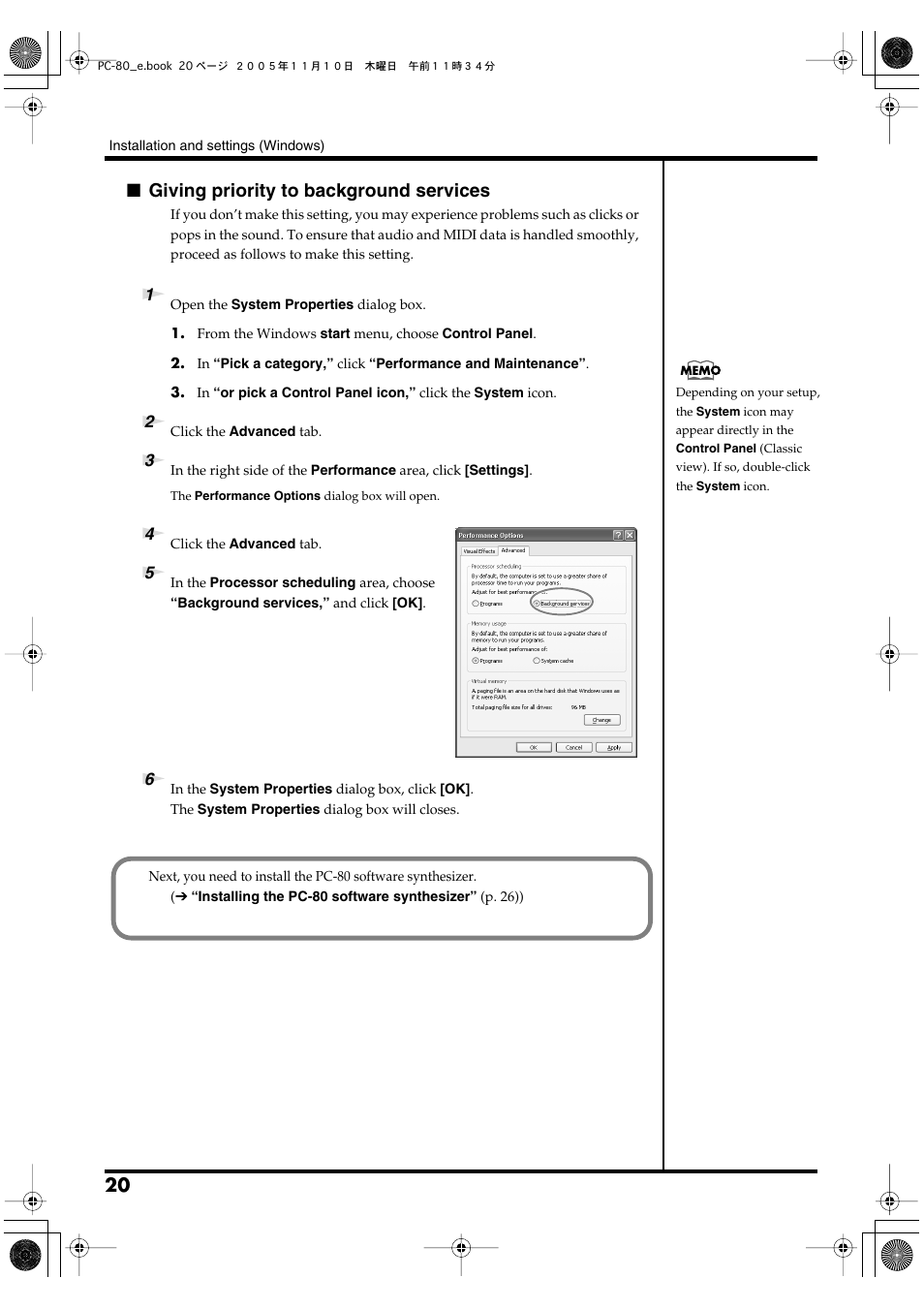 Giving priority to background services, P. 20)) | Edirol PC-80 User Manual | Page 20 / 136