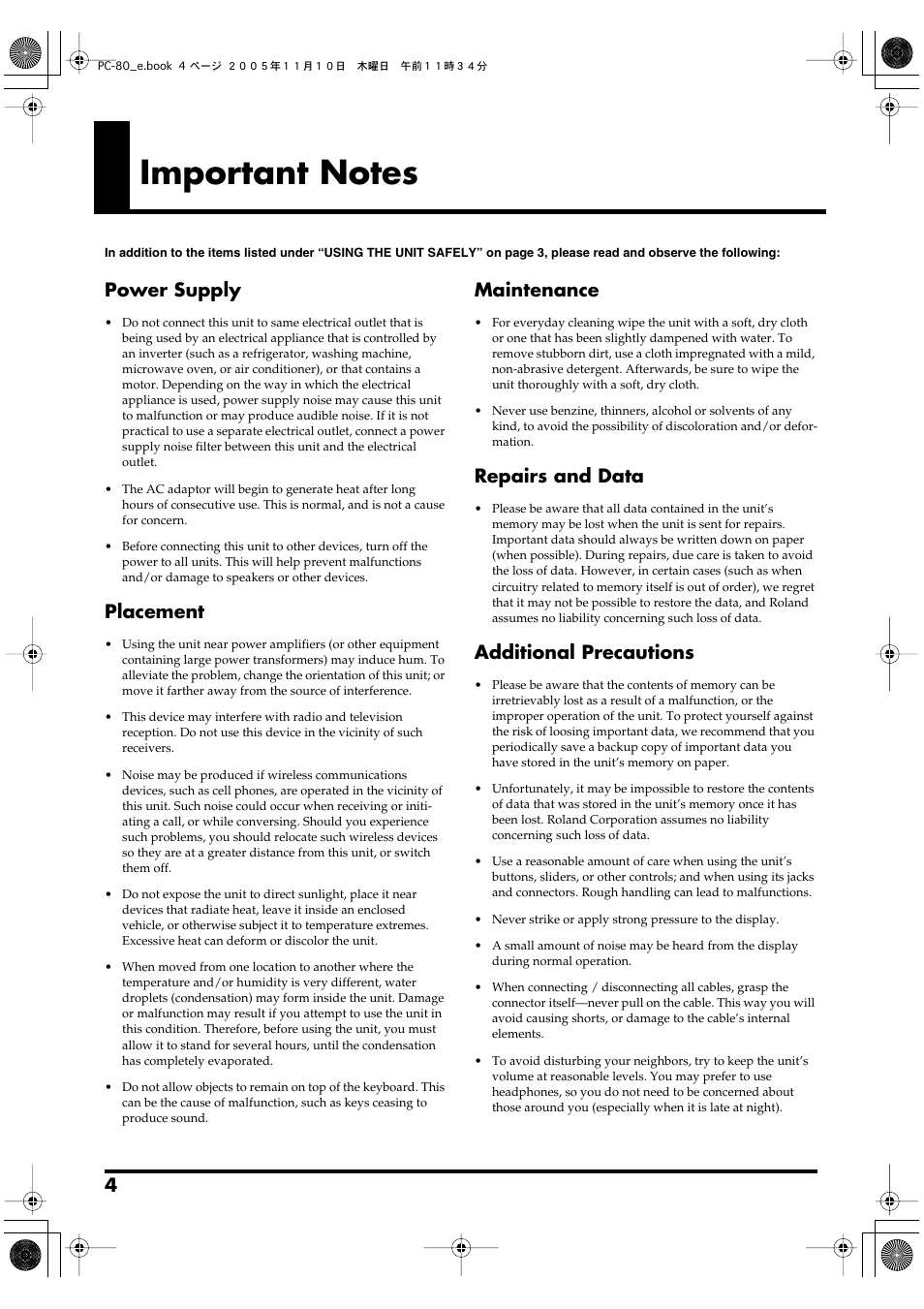 Important notes, Power supply, Placement | Maintenance, Repairs and data, Additional precautions | Edirol PC-80 User Manual | Page 4 / 136