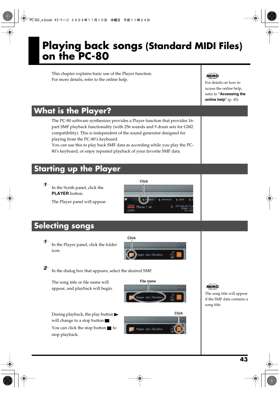 What is the player, Starting up the player, Selecting songs | P. 43, Playing back songs, On the pc-80, Standard midi files) | Edirol PC-80 User Manual | Page 43 / 136