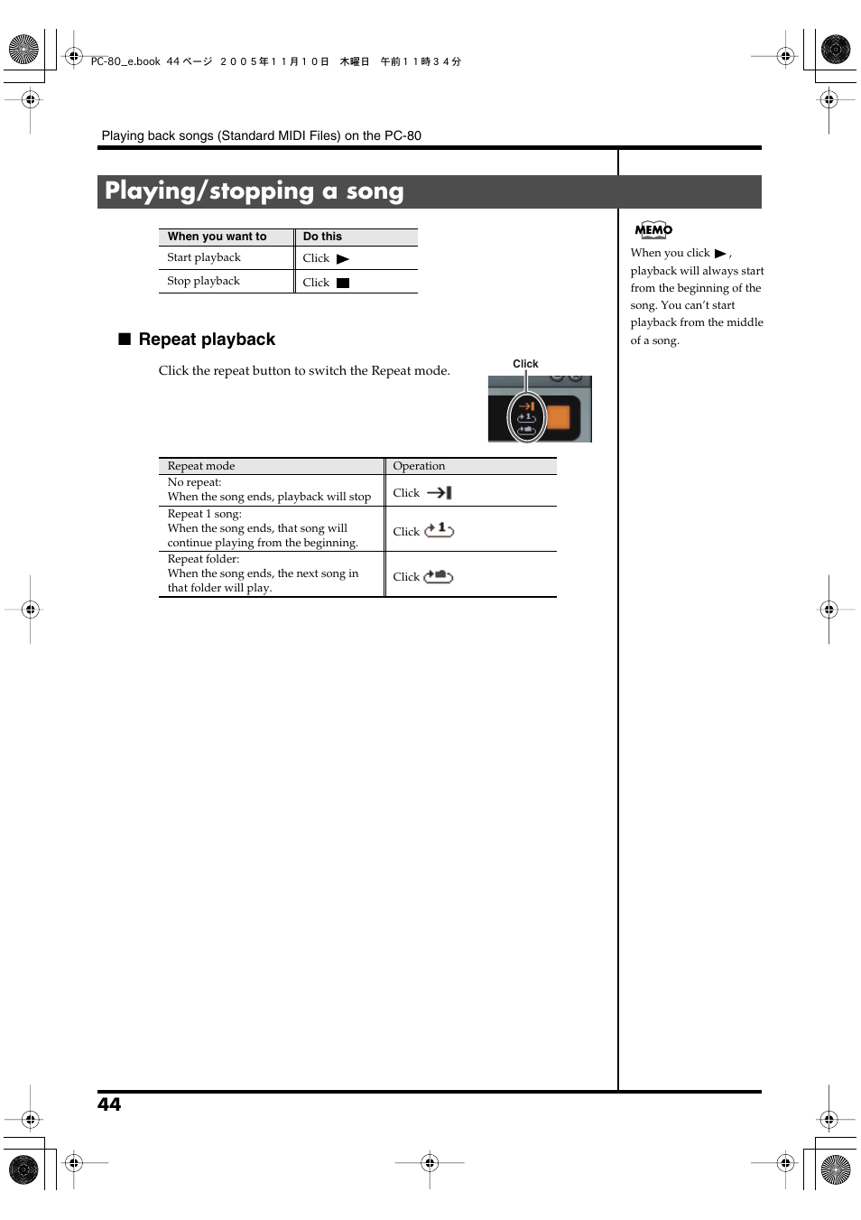Playing/stopping a song, Repeat playback | Edirol PC-80 User Manual | Page 44 / 136