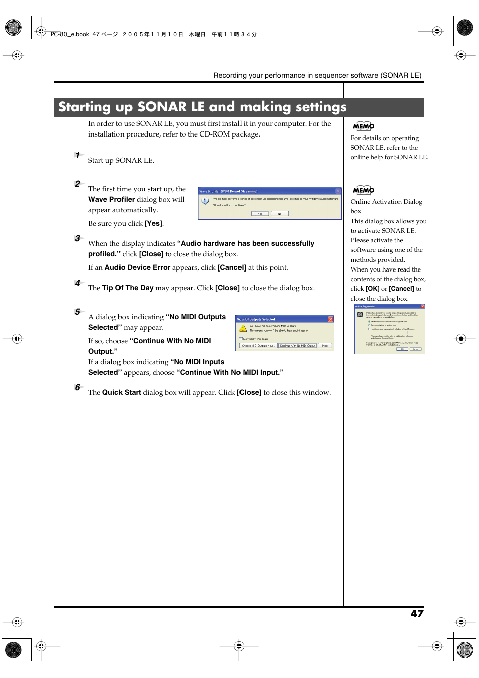 Starting up sonar le and making settings | Edirol PC-80 User Manual | Page 47 / 136