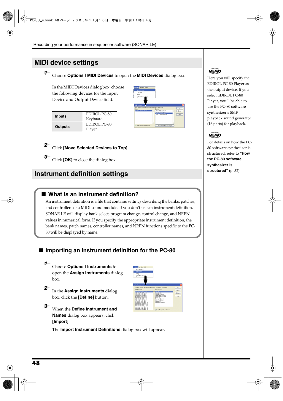 Midi device settings, Instrument definition settings, Importing an instrument definition for the pc-80 | What is an instrument definition | Edirol PC-80 User Manual | Page 48 / 136