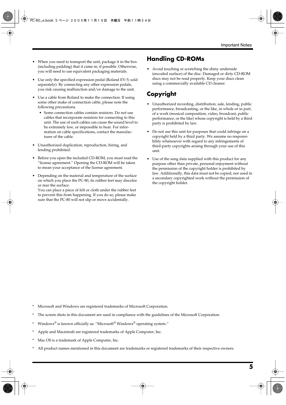 Handling cd-roms, Copyright | Edirol PC-80 User Manual | Page 5 / 136