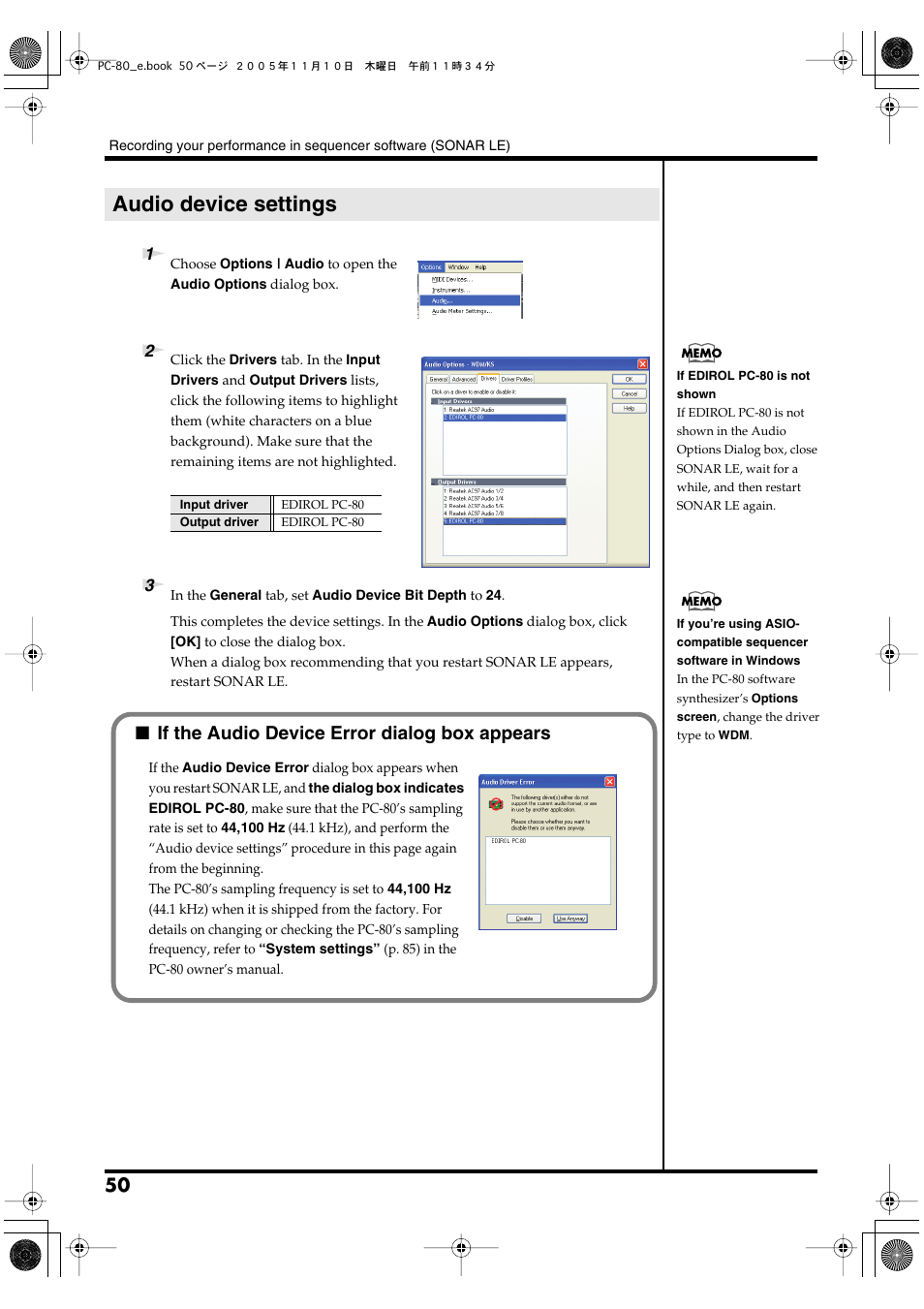 Audio device settings, If the audio device error dialog box appears | Edirol PC-80 User Manual | Page 50 / 136