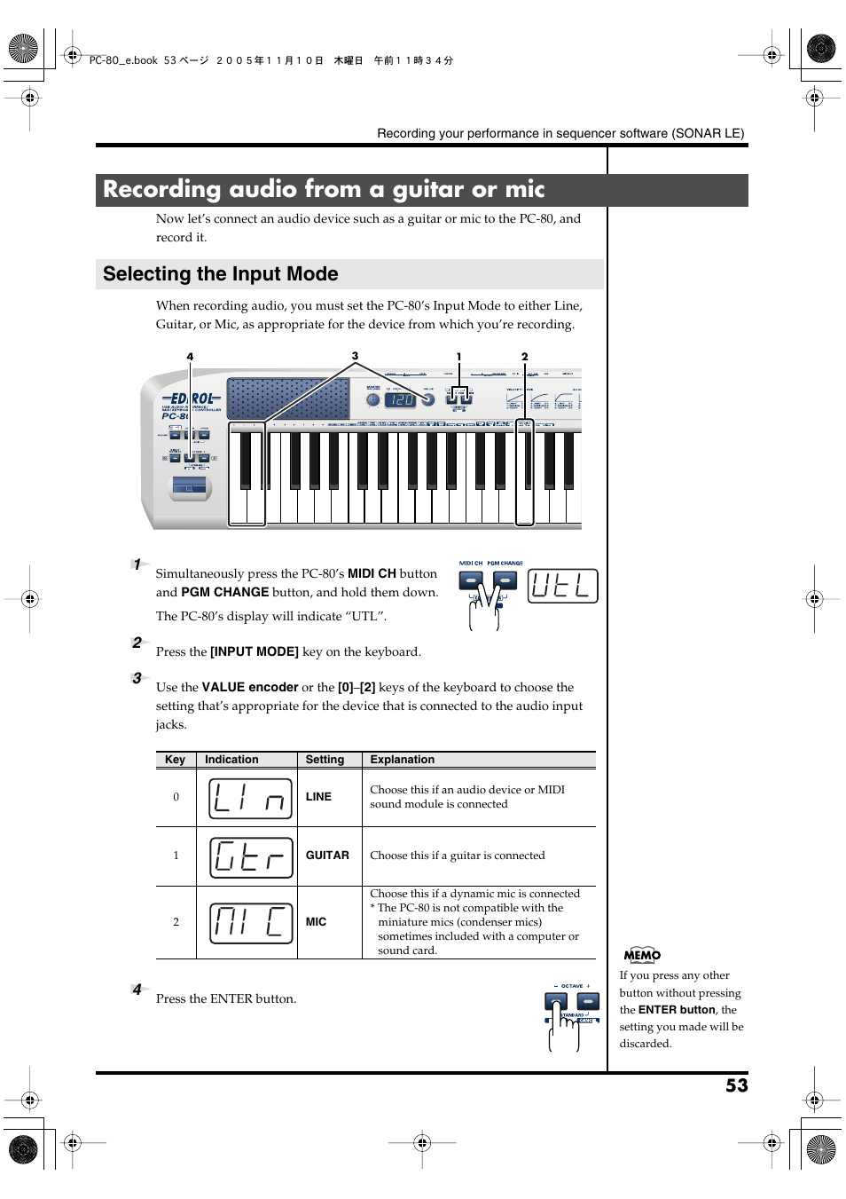 Recording audio from a guitar or mic, Selecting the input mode | Edirol PC-80 User Manual | Page 53 / 136