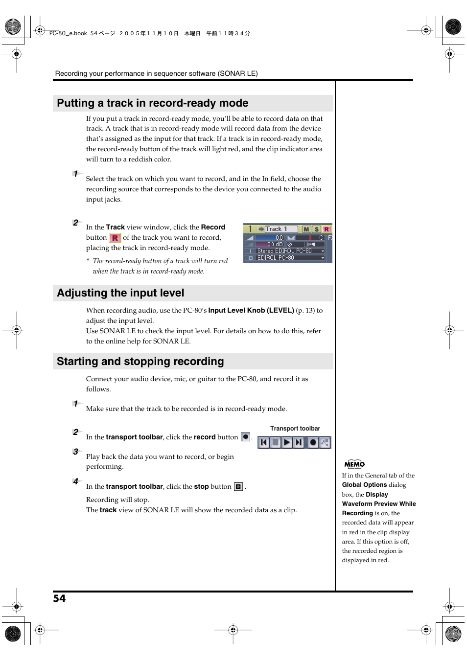 Putting a track in record-ready mode, Adjusting the input level, Starting and stopping recording | Edirol PC-80 User Manual | Page 54 / 136