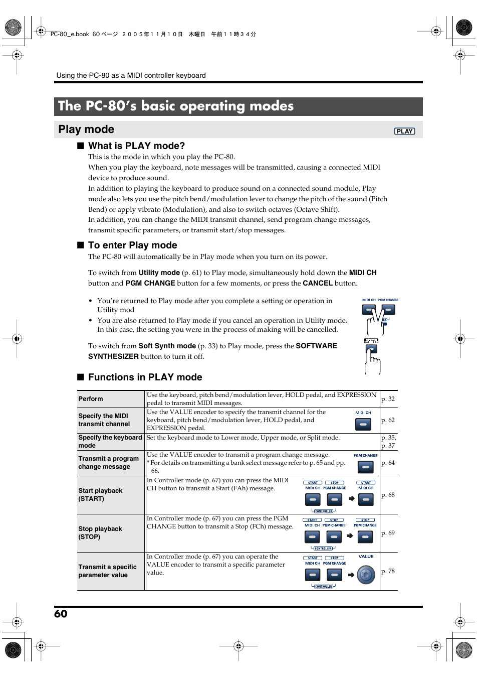 The pc-80’s basic operating modes, Play mode, What is play mode | Functions in play mode | Edirol PC-80 User Manual | Page 60 / 136