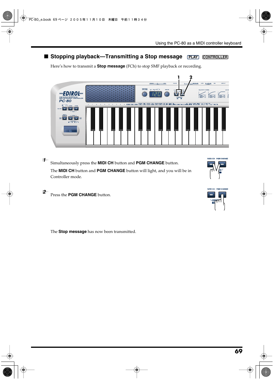 P. 69, Stopping playback—transmitting a stop message | Edirol PC-80 User Manual | Page 69 / 136