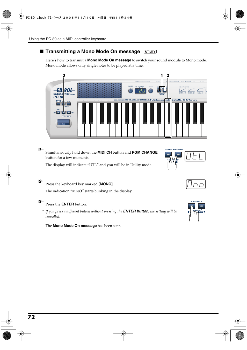 P. 72, Transmitting a mono mode on message | Edirol PC-80 User Manual | Page 72 / 136