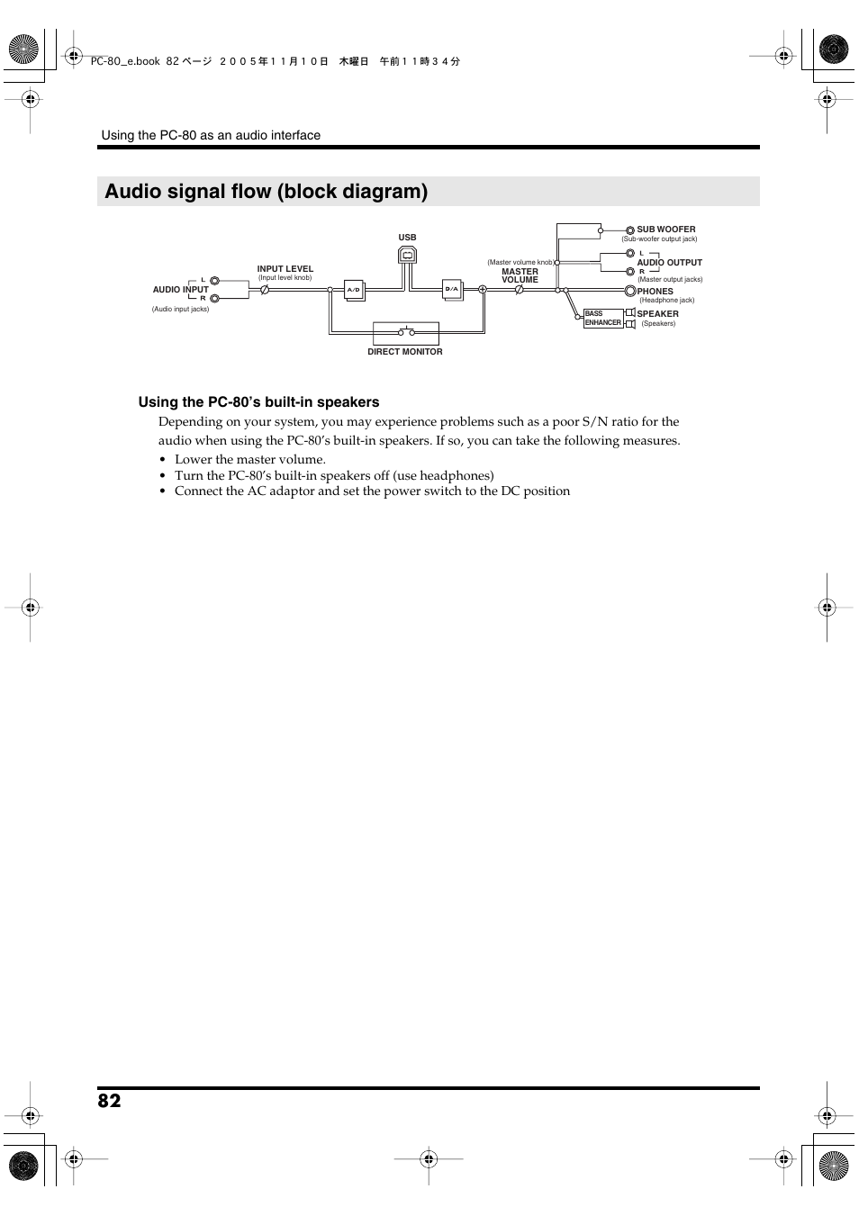 Audio signal flow (block diagram), Using the pc-80’s built-in speakers | Edirol PC-80 User Manual | Page 82 / 136